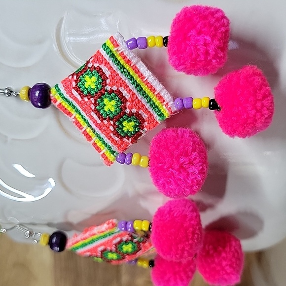 Hmong Tribe Embroidered Dangle Pom Pom Drop Earrings - Picture 4 of 7